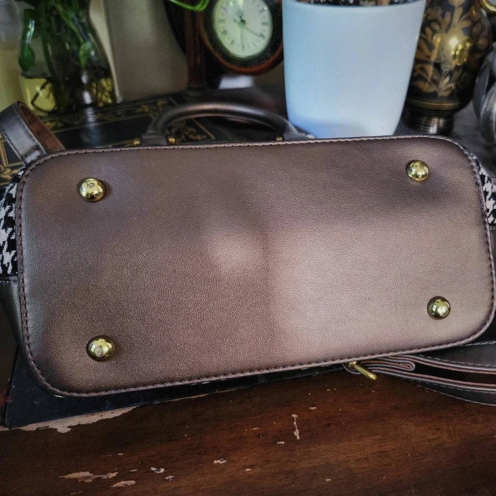 David Jones‎ Paris Satchel Purse Metallic Bronze Houndstooth Crossbody Handbag